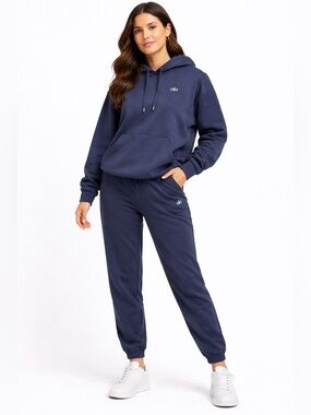 ALO Yoga Navy Relaxed Track Joggers and Hooded Sweatshirt Set